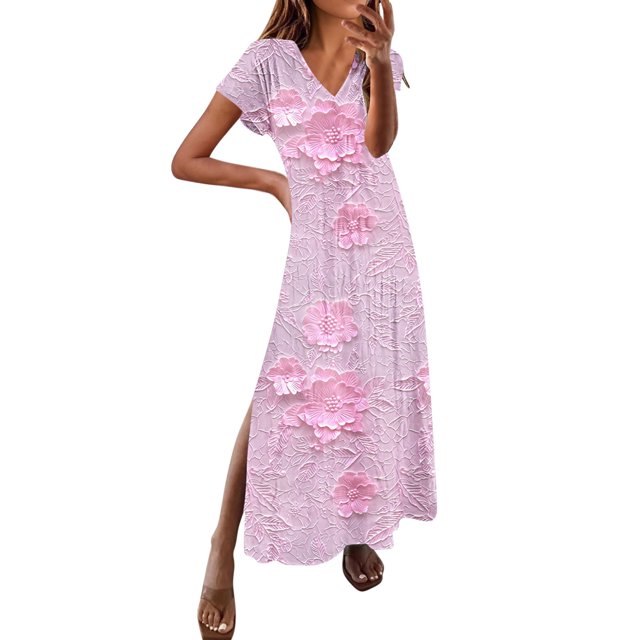 UPPADA Robe Maxi à Col en V pour Femme, Imprimé Floral, Robe d'Été Décontractée à Manches Courtes, Style Bohème, Robe de Plage avec Fente Latérale, Robe de Cocktail pour Fête, Robe d'Été pour Femme Rouge, TTTG