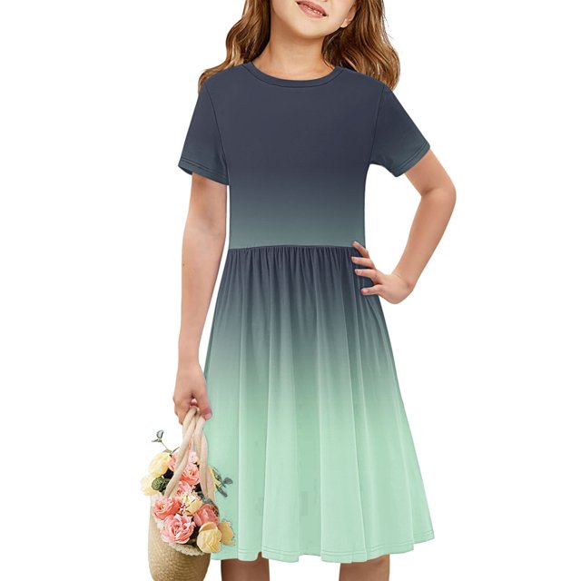 Été jusqu'à 65 % de Rabais Iumwxz Robe Décontractée Trapèze Robe Tunique pour Adolescentes Robes Col Rond Dégradé Graphique Robe à Manches Courtes pour Enfants Robes Tendance pour Costume 4-14 Ans