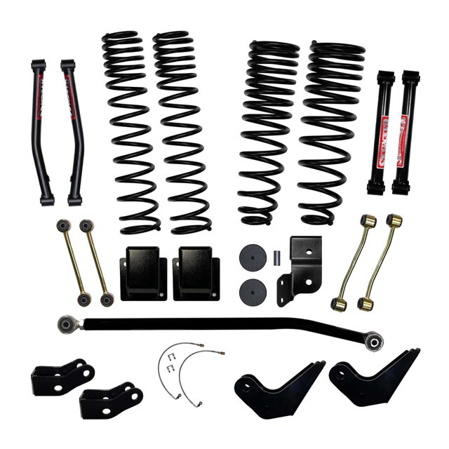 Fits 2020-2021 Jeep Gladiator JT Skyjacker Suspensions Lift Kit Suspension G451RPELT 4-1/2 Inch Front Lift; 3 Inch Rear Lift; Black Components