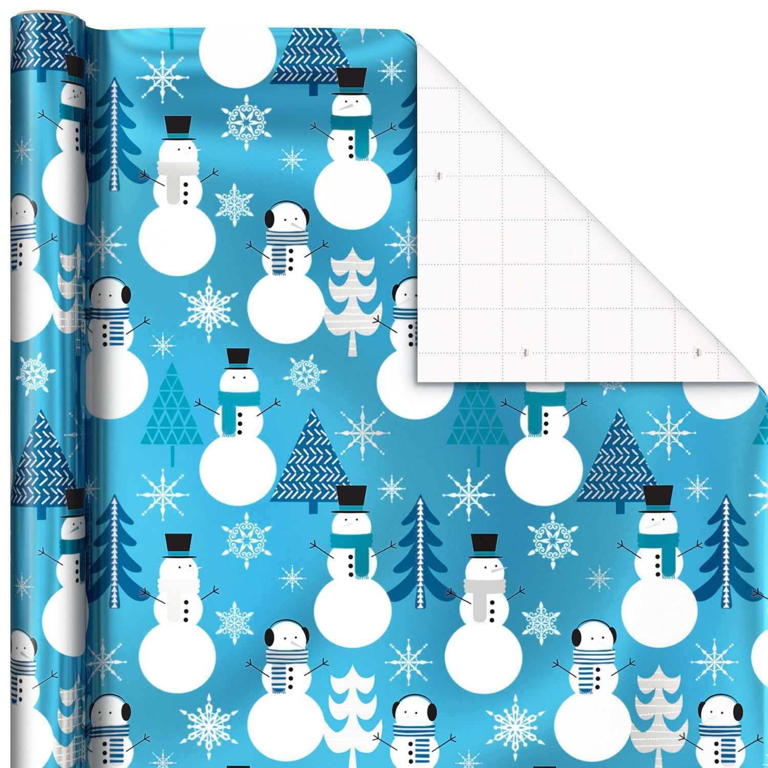 Papier d'emballage Hallmark de Noël, bleu métallisé, avec lignes de découpage au verso (3 rouleaux : 60 pieds carrés au total), bonshommes de neige, flocons de neige, sapins de Noël