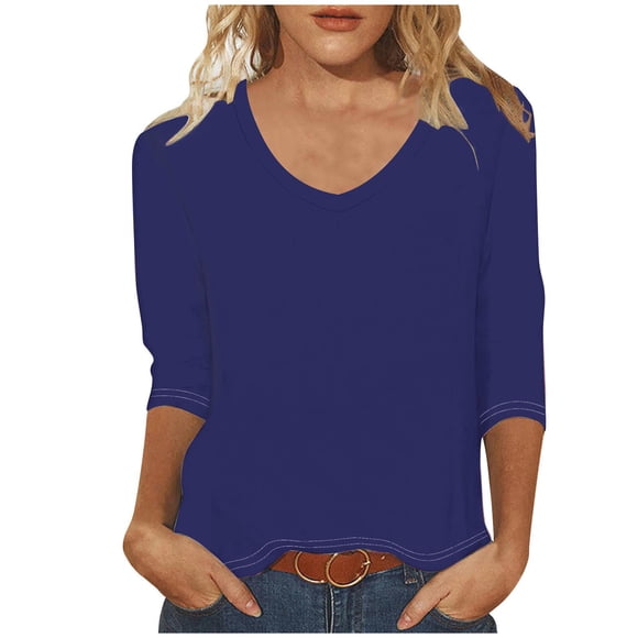 AherBiu Womens Summer Tops Casual 3/4 Length Sleeve Basic Tee Tops Comfy V Neck Loose Fittting T Shirts