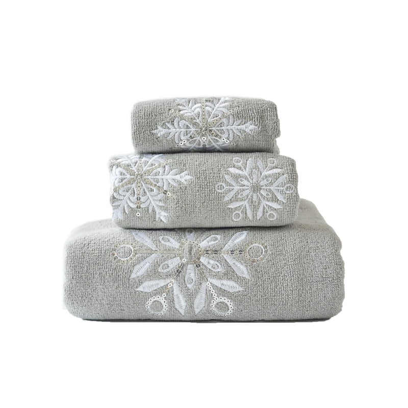 Marina Decoration Xmas Ensemble de Serviettes de Luxe Premium Ultra Doux 100 % Coton Brodé Moderne de Noël 3 Pcs, Motif Flocon de Neige Gris Blanc