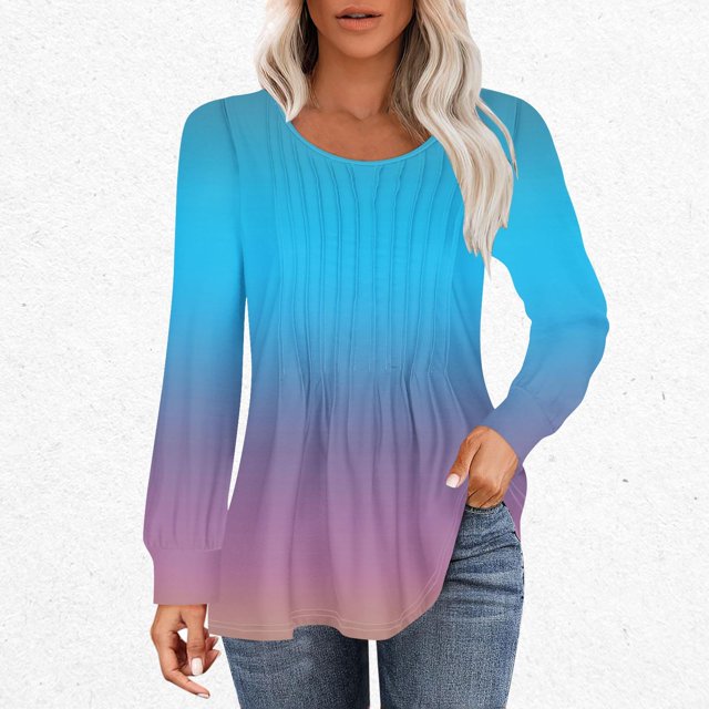 RXIRUCGD T-Shirts à Manches Longues Dégradés pour Femmes, Décontractés, Mode, Amples, Plissés, Col Rond, Bleu Ciel, Taille : S