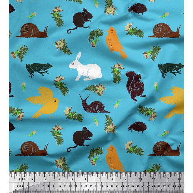 Soimoi Tissu Popeline de Coton Oiseaux, Imprimés d'Animaux Squirrel & Rabbit au Mètre 56 Pouces de Large