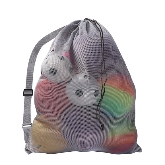 GSE Games & Sports Expert Grey 30""x40"" Heavy Duty Mesh Drawstring Bag Extra Large Sports Equipment Bag with Shoulder Strap for Soccer Basketballs Volleyballs Footballs Swimming Gear Laundry