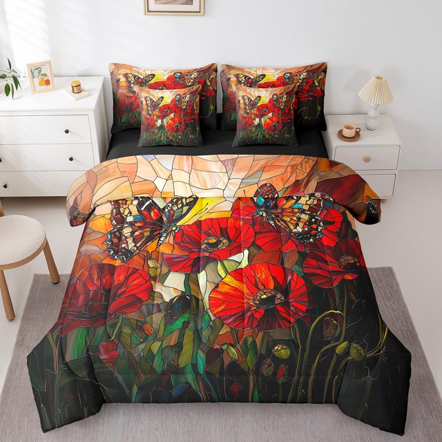 Ensemble de Literie Complet à Fleurs de Coquelicots 7 Pcs, Ensemble de Couette Botanique Rustique à Fleurs Rouges en Floraison avec Draps, Ensemble de Lit Style Vitrail Artistique Papillon de Jardin dans un Sac avec Housses d'Oreiller