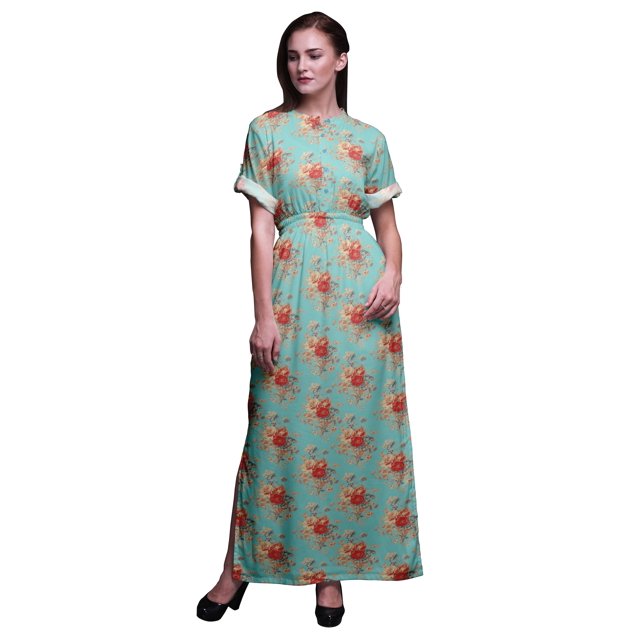 Bimba Robe Longue Maxi d'Été à Fente Latérale Imprimée pour Femmes avec Feuilles de Rayonne, Roses et Miosotis Floral - Petite