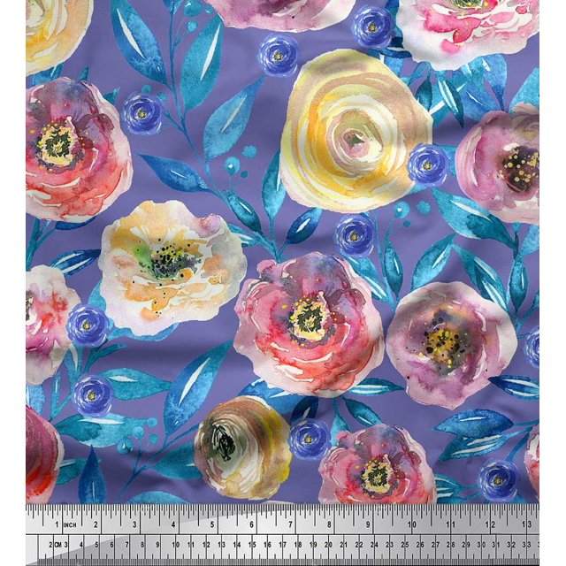 Soimoi Tissu Poly Georgette Violet Feuilles & Roses Imprimés Floraux au Mètre 52 Pouces de Large