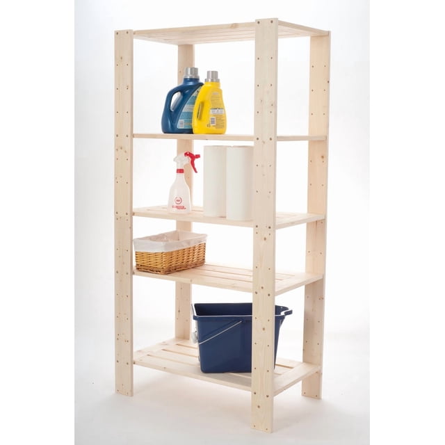 Shelve it 5 Shelf Wood Shelf in natural unfinished solid pine with five adjustable slatted shelves holding cleaning supplies including detergent bottles, a spray bottle, paper towels, a wicker basket, and a blue plastic bucket, measuring 60"H x 30"W x 16"D, ideal for garage storage and home organization.