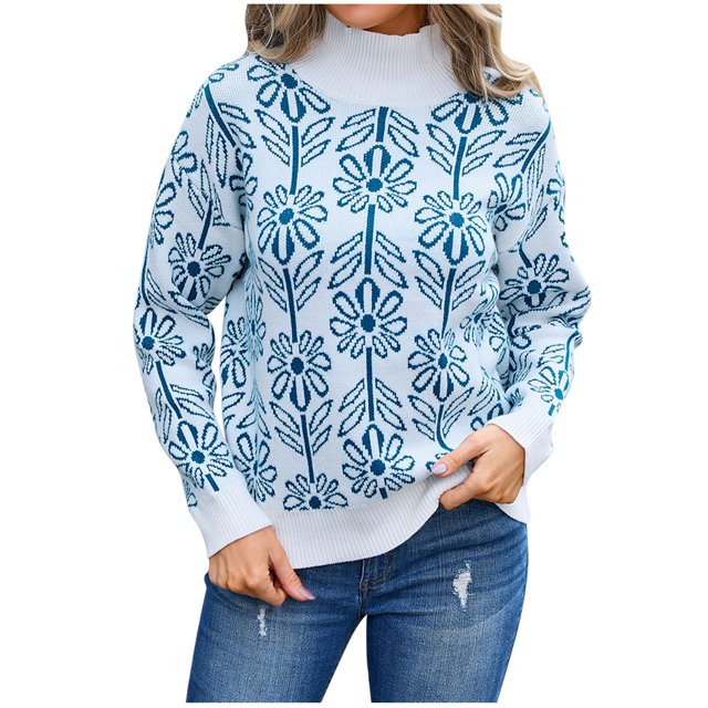 Rbaofujie Longues Longs Chandails pour Femmes Chandail Tricoté à Rayures Patchwork avec Manches Col Rond Hauts de Chandail Chandails Bleus pour Femmes Tendance