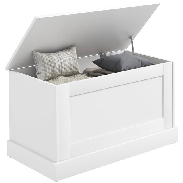 HOMCOM Coffre de Rangement Moderne, Coffre en Bois pour Salon, 31,5 Pouces, Blanc. Banc de Rangement Polyvalent à grain de Bois Blanc avec Panneau avant de Style Encastré et Couvercle à Charnière, Offrant un Espace Intérieur de 25 Gallons pour Couvertures, Jouets Ou Désordre. Sert Aussi de Siège Robuste avec une Capacité de 300 Lb, Doté de Patins Antidérapants pour la Stabilité.