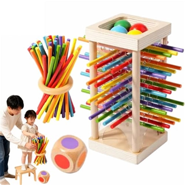 1Set Wooden Board Games with Colorful Sticks Dice,Wooden Pick-Up Sticks Game,Classic Wooden Stick Game - Family Tabletop Pick-Up Toy,Builds Fine Motor Skills & Counting,Math Learning Toys(Clear)