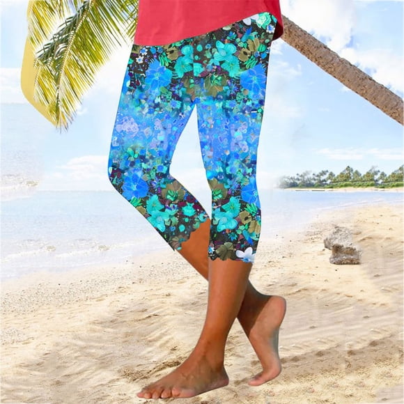Aboser Womens Casual Floral Print Capri Leggings Summer Boho Yoga Legging Slim Fit Cropped Pants High Waisted Stretch Workout Capris Buttery Soft Beach Pants