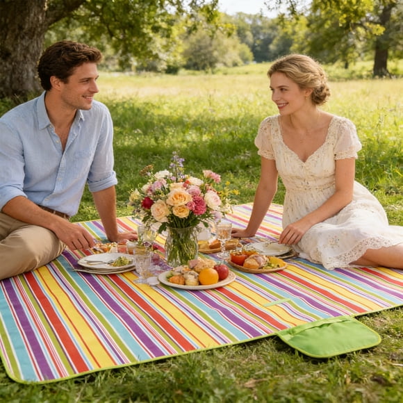 Tapis de Pique-Nique Extérieur Imperméable et Anti-Humidité 180 x 145 cm, Tapis Pliable pour Tente Ou Gazon, Dessus en Polyester, Poignée de Transport, Nettoyage Rapide, Multicolore, Grand Format Familial pour Camping Plage Voyage