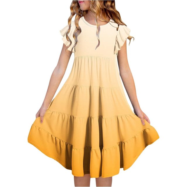 FhsagQ Robes Filles Été Dégradé Col Rond Manches Volantées Ligne à Étages Robe Décontractée Respirante Confortable Robe Ludique pour Enfants Tout-Petits Fête d'Anniversaire Tenue Quotidienne Jaune 8-9 Ans