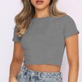 thumbnail image 1 of Jsaierl Women's Solid Color Short Tops Summer Round Neck Short Sleeve T-Shirts Slim Classic Versatile Tees, 1 of 8