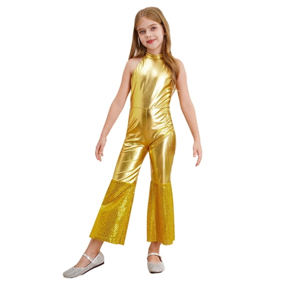 iiniim Kids Girls 70s Hippie Disco Costume Retro Movie Character Roleplay Jumpsuit Hip Hop Jazz Gold 14