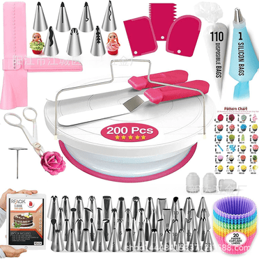 200-Piece Baking Tool Kit with Silent Smooth Cake Turntable, Stainless Steel Decorating Tips, Anti-Shedding Pastry Bags & Disposable Cups – Complete Cake Decorating Set for Home Bakers