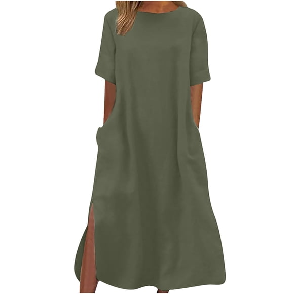 Tumotour Summer Dress For Women Round Neck Loose Short Sleeve Long T-Shirt Dress Split Maxi Dress With Side Pocket Maxi Dress