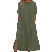 Tumotour Summer Dress For Women Round Neck Loose Short Sleeve Long T-Shirt Dress Split Maxi Dress With Side Pocket Maxi Dress