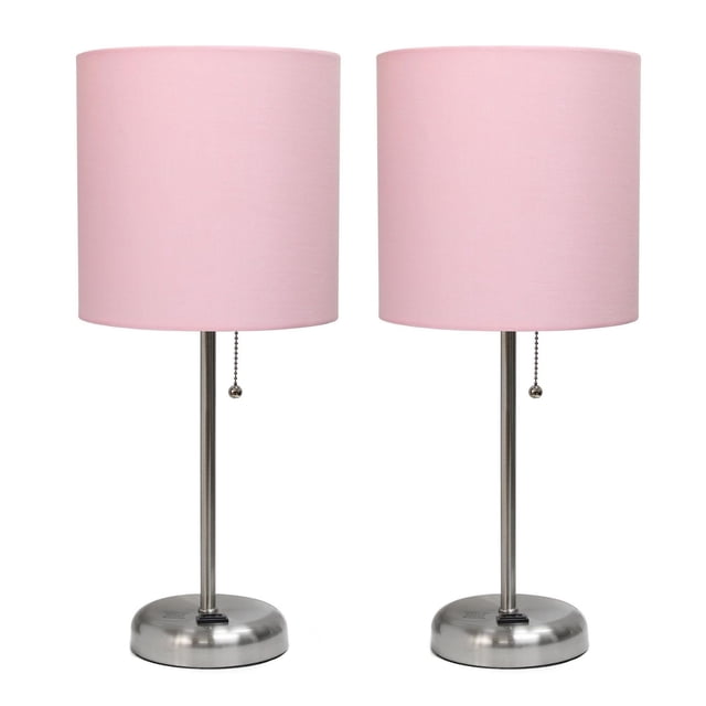 LimeLights Brushed Steel Stick Lamp with Charging Outlet and Fabric Shade 2 Pack Set featuring two table lamps with brushed steel round bases and slim stems, topped with light pink fabric drum shades, each with a pull chain switch and built-in 2-prong charging outlet on the base, ideal for bedrooms, kids' rooms, or college dorms.