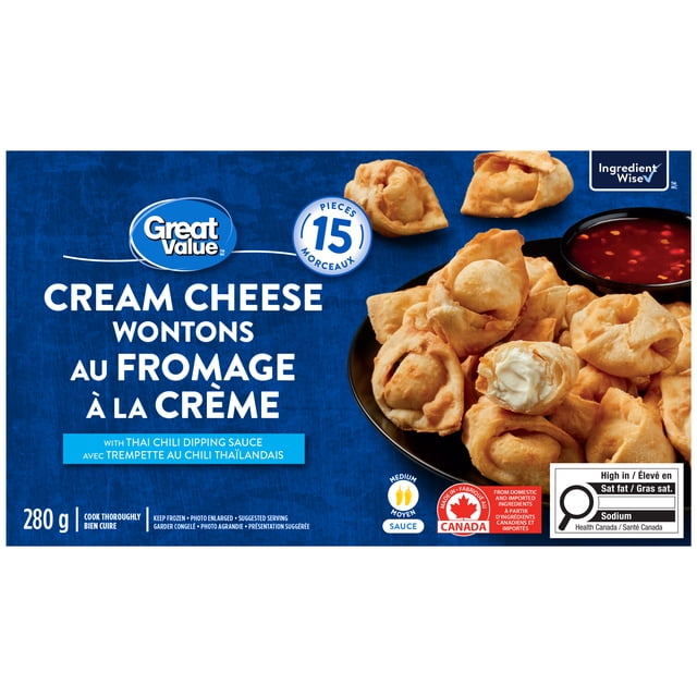 Great Value Cream Cheese Wontons with Thai Chili Dipping Sauce package showing 15 golden crispy wontons filled with rich cream cheese on a black plate with a bowl of medium heat Thai chili sauce, made in Canada and Ingredient Wise certified, weighing 280 grams.