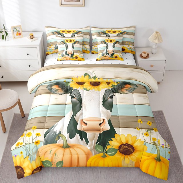 YST Ensemble de Douillette 7 Pcs Vache Laitière, Format Double, Animaux de Ferme, Tournesol Jaune Citrouille, Réversible