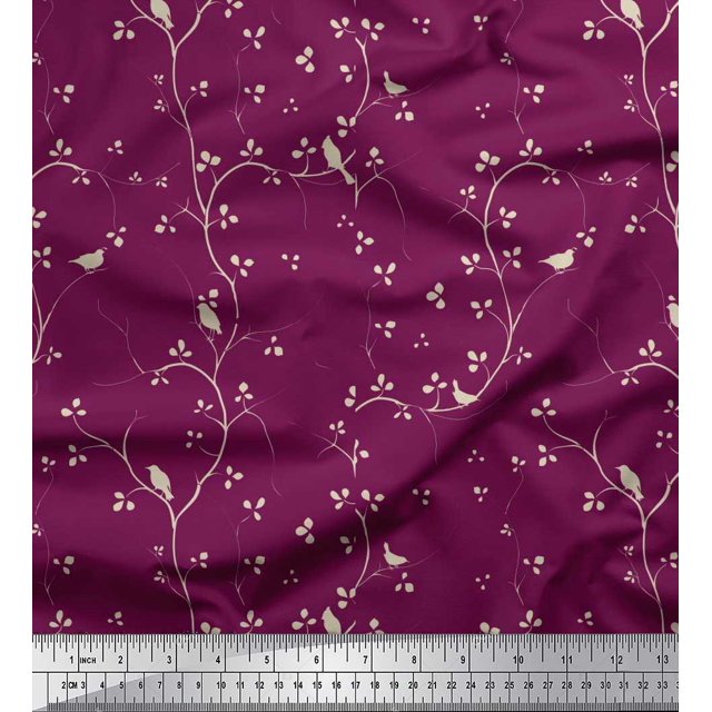Soimoi polyester Crepe Fabric Branches,Leaves & Bird Printed Fabric 1 Yard 42 Inch Wide