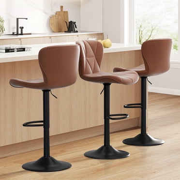 Hawsaiy Tabourets de Bar Modernes, Ensemble de 3, Tabourets de Bar Pivotants Réglables Rembourrés en Similicuir, Chaises de Comptoir avec Dossier pour Îlot de Cuisine, Brun