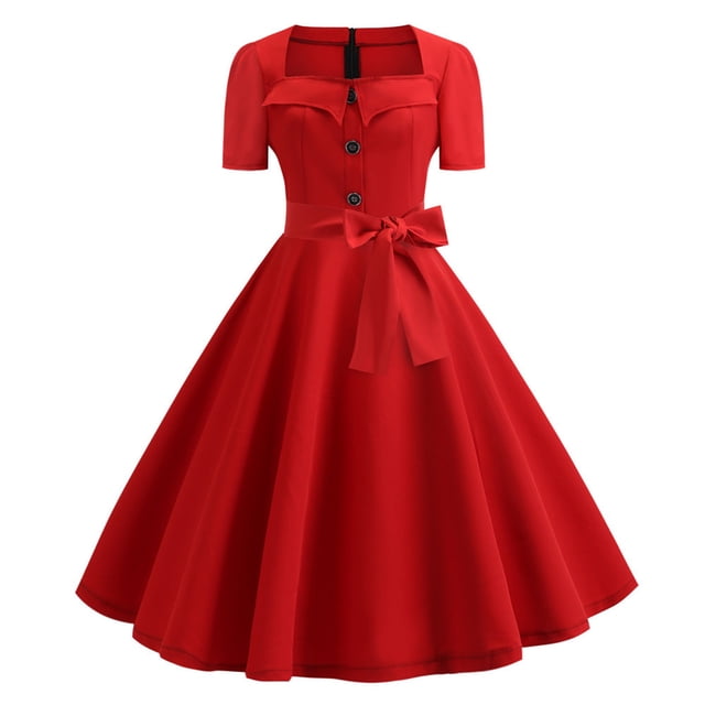 Robe Vintage Évasée pour Femmes, Ligne A, Nœud, Bal, Swing, Manches Courtes, Pois, Unie, Robe de Soirée