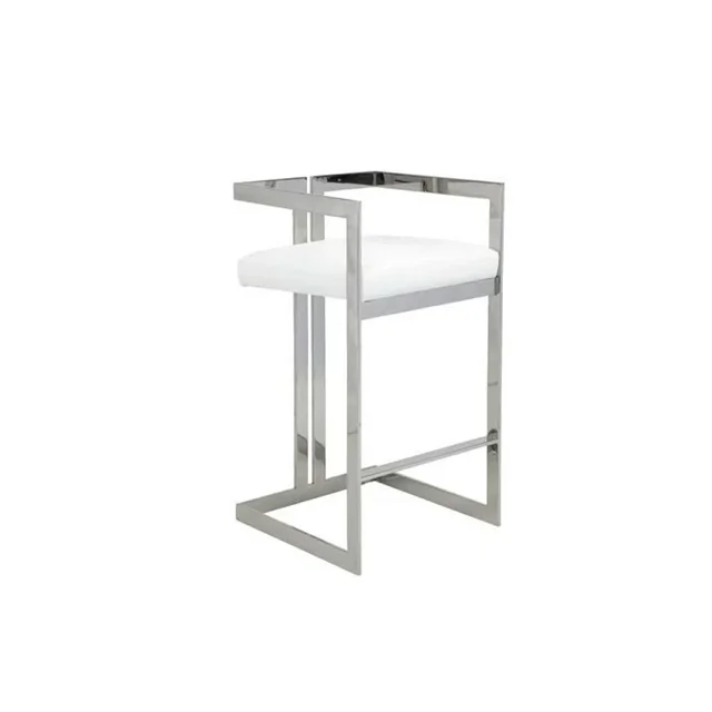 Plata Import Metal Stool With White Cushion Seat featuring a polished metal frame with geometric open sides and a white PU cushioned seat, measuring 33 inches high with a 26-inch seat height and 18 inches width and depth, ideal for kitchen and dining seating or as a modern bar stool.