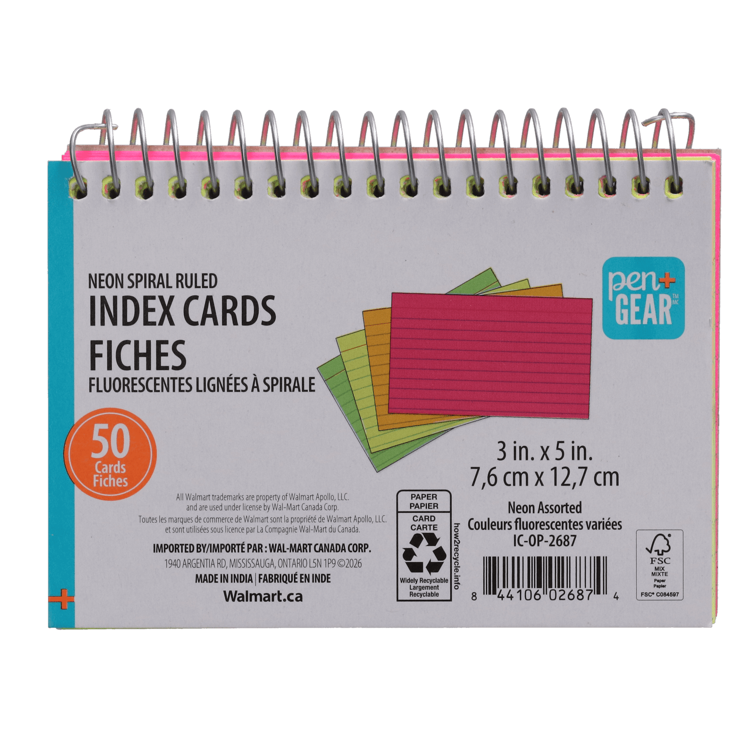 Fiches à spirale PG Index, couleurs néon assorties, lignées, 7,6 cm x 12,7 cm, paquet de 50