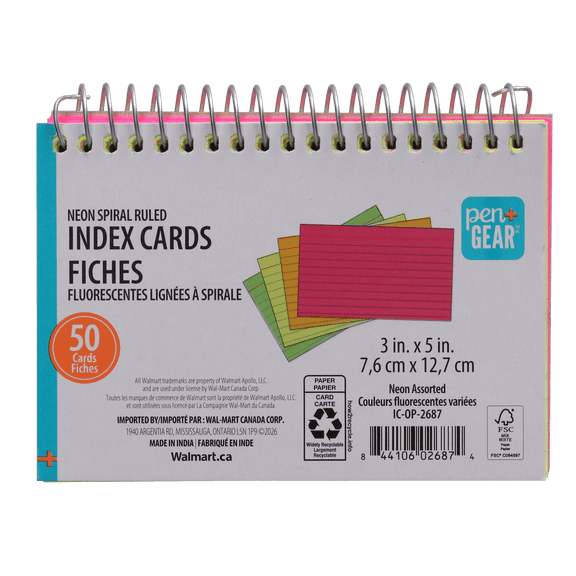 Fiches à spirale PG Index, couleurs néon assorties, lignées, 7,6 cm x 12,7 cm, paquet de 50