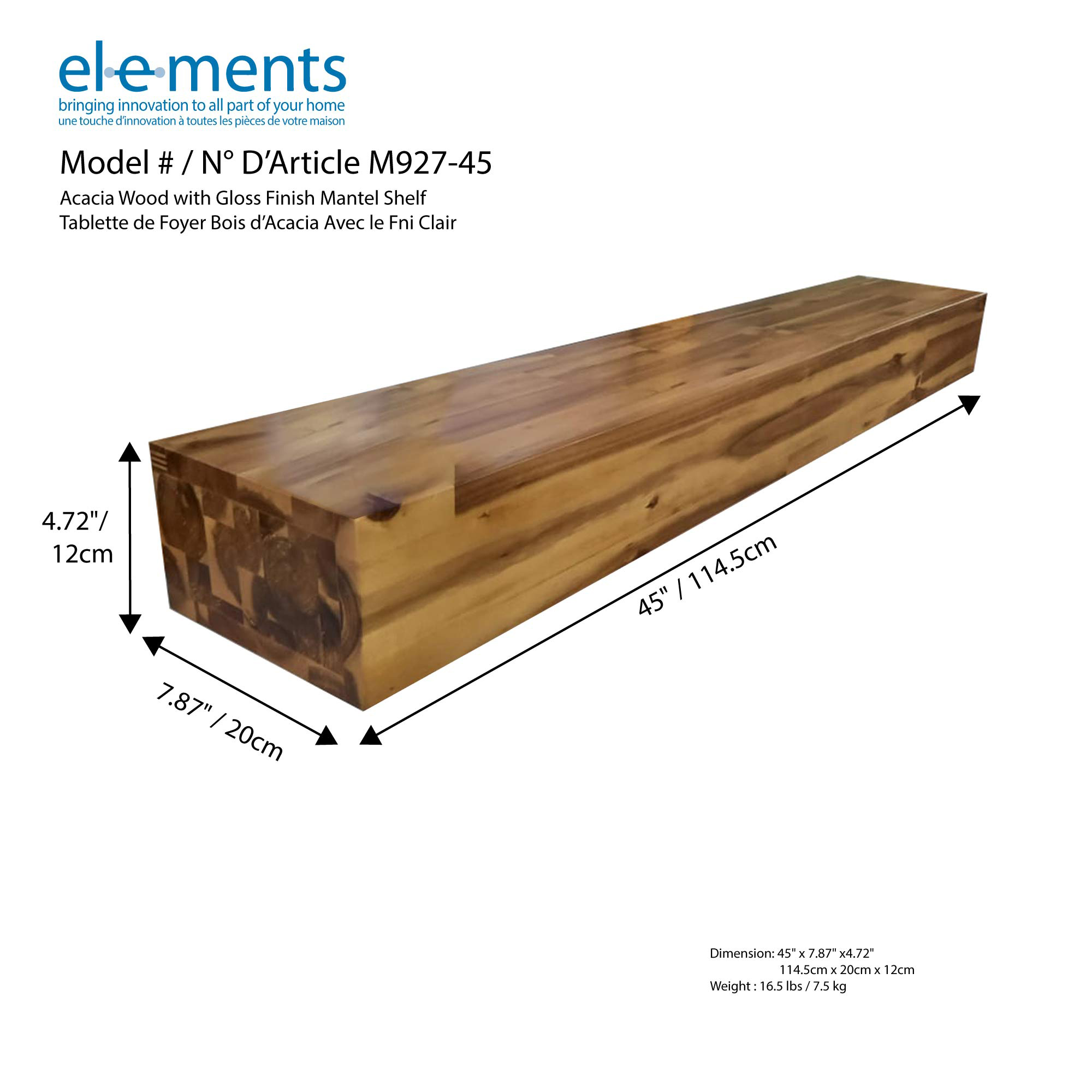 Tablette de foyer de 45 po en bois d'acacia fini lustré