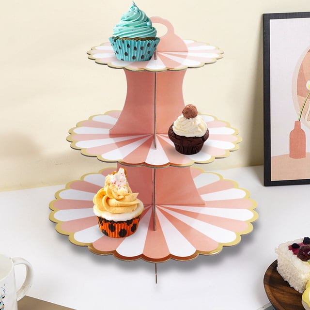 Three Tier Cake Stand, Foil Decorated Paper Display, Birthday Party Anniversary Event, Multi-Level Dessert Tower, Easy Assembly Storage, Centerpiece for Celebrations