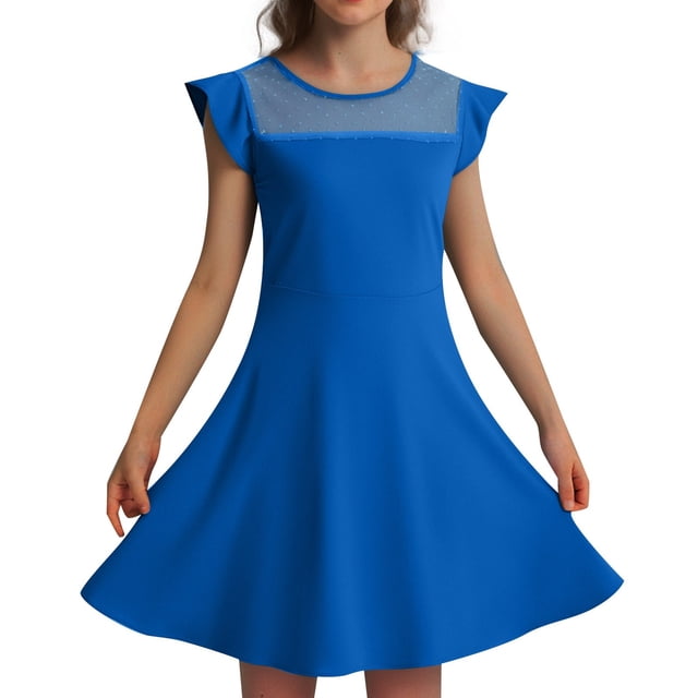 Robes d'Été Décontractées pour Filles Robe de Fête pour Enfants Manches à Volants en Maille Design en Ligne avec Poches pour 4 à 11 Ans