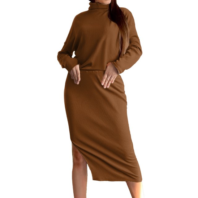 Yuyuzo Womens Ribbed 2 Piece Sets Turtleneck Long Sleeve Tops with Midi Skirts Slim Fitted Solid Color Suits