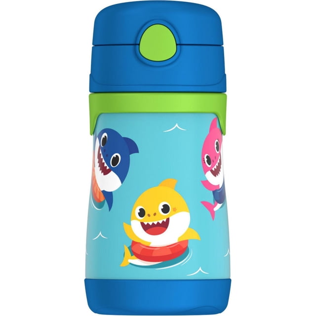 Thermos Bouteille à Paille pour Enfants de 10 OZ en Acier Inoxydable avec Couvercle Bleu à Bouton-Poussoir et accents Verts, Mettant en Vedette des Personnages Colorés de Baby Shark sur un Corps Bleu Pâle, Isolation sous Vide pour Garder les Boissons Froides jusqu'à 12 Heures, et une Paille en silicone pop-up Hygiénique pour une Utilisation et un Nettoyage Faciles pour Tout-Petits.