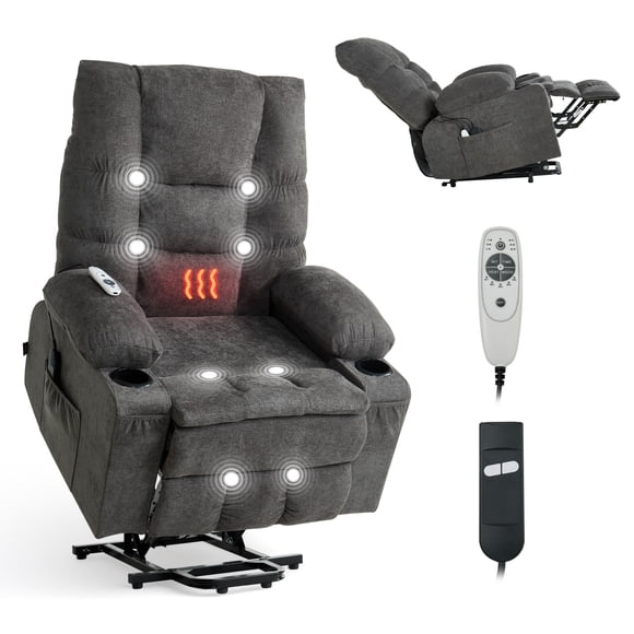 VEVOR Power Lift Recliner Chair, Large Electric Lift Chair with Heat and Massage for Elderly, Infinite Position Adjustment, Chenille Fabric, with Side Pockets, Dark Gray