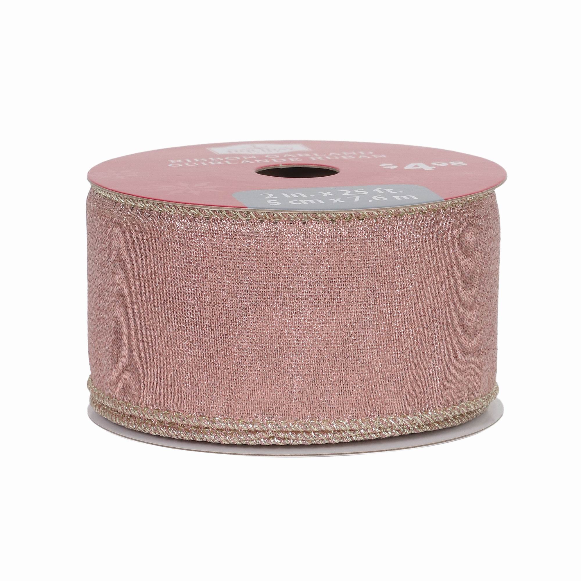 HOLIDAY TIME Dusty Rose Sheer Wired Fabric Ribbon with Glitter Gold Edge, 2.5 Inch, Holiday Decor Ribbons & Bows