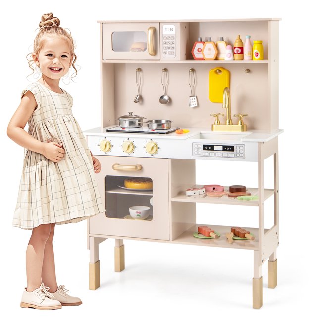 Gymax Height Adjustable Play Kitchen Wooden Kitchen Playset with real lights and sounds. The playset features a pink wooden design with a microwave, sink, oven, and dual stoves that emit realistic light and sound effects. It includes rotary knobs with a 'click' sound, adjustable height from 36 to 39 inches, and ample storage with shelves and hooks. Accessories such as a pan, pot, utensils, knife, cutting board, and play food are included. Suitable for children aged 3 and up.