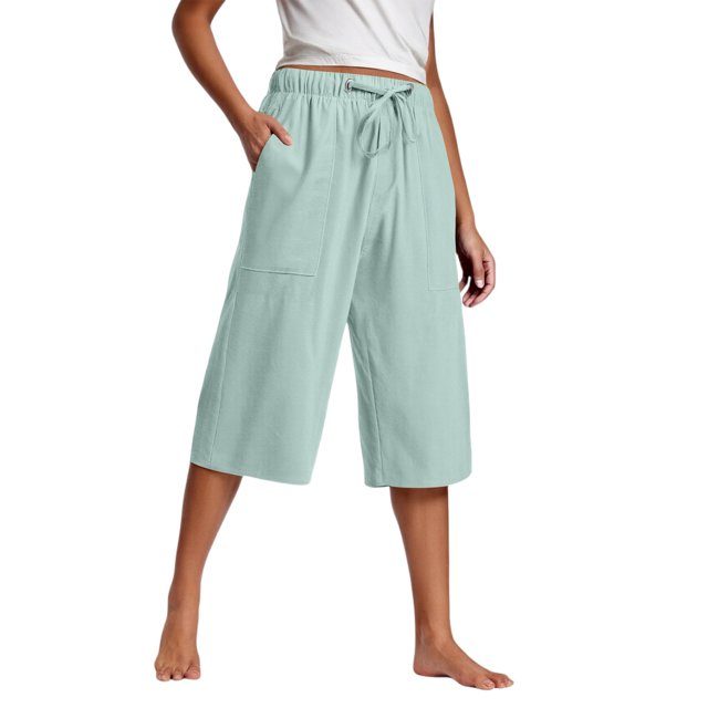 Kaemgyyd Womens Plus Size Capris Lounge Drawstring Cotton Linen Bermuda Shorts Flowy Wide Leg Beach Vaction Cropped Trousers