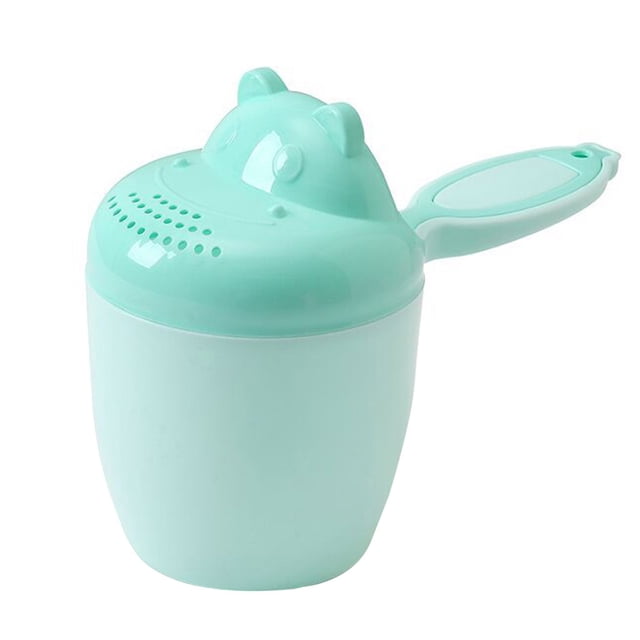 DPTALR Baby Bath Rinser Kids Shampoo Rinse Cup in a green colour, made from environmentally friendly PP and TPR materials. The cup features a durable plastic design with a comfortable handle for easy pouring. Its cute animal-shaped lid with perforations allows water to flow gently, protecting the baby's face and eyes while rinsing shampoo. Suitable for children aged 6 months to 6 years, this 10cm tall cup is lightweight at 0.1kg and can also be used as a flower pot.