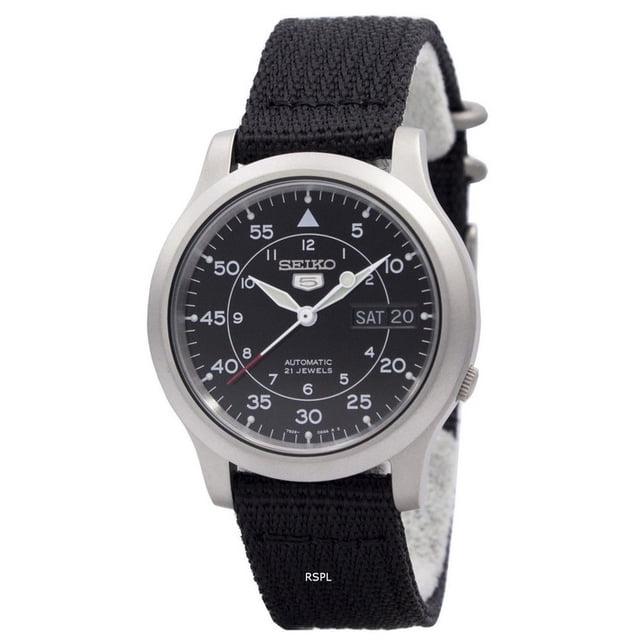 Seiko 5 Militaire Automatique SNK809K2 Montre Analogique pour Homme avec Cadran Noir, Aiguilles et Marqueurs Lumineux, Affichage Jour-Date et Boîtier en Acier Inoxydable. Comprend un Bracelet en nylon Noir, un Mouvement Automatique à 21 Bijoux, un Cristal Hardlex et une Résistance à l'Eau de 30 m. Convient aux Tenues Décontractées et aux Activités de Plein Air.