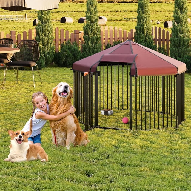 Enclos Octogonal pour Chien d'Extérieur avec Toit, Enclos pour Chien en Métal Robuste avec Porte Verrouillable et Auvent Résistant aux Intempéries 4,9 X 4,9 X 3,6 Pi Noir