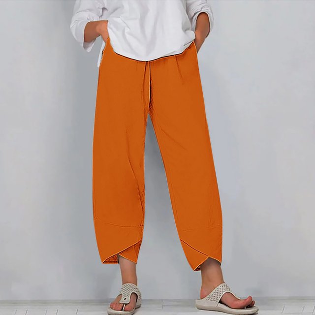 RXIRUCGD Women's Summer Comfortable Loose Wide Legged Fashion Solid Color Capris, Orange, Size: L