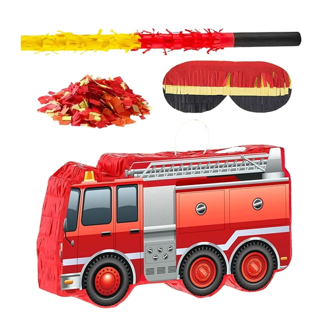 OULII 1Set Red Fire Truck Birthday Party Pinata with Candy Filler Firefighter Theme Decoration