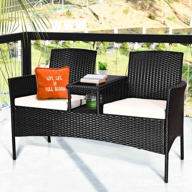 Costway Ensemble de Conversation en Rotin pour Patio Siège Canapé Causeuse Coussinée Table en Verre Chaises