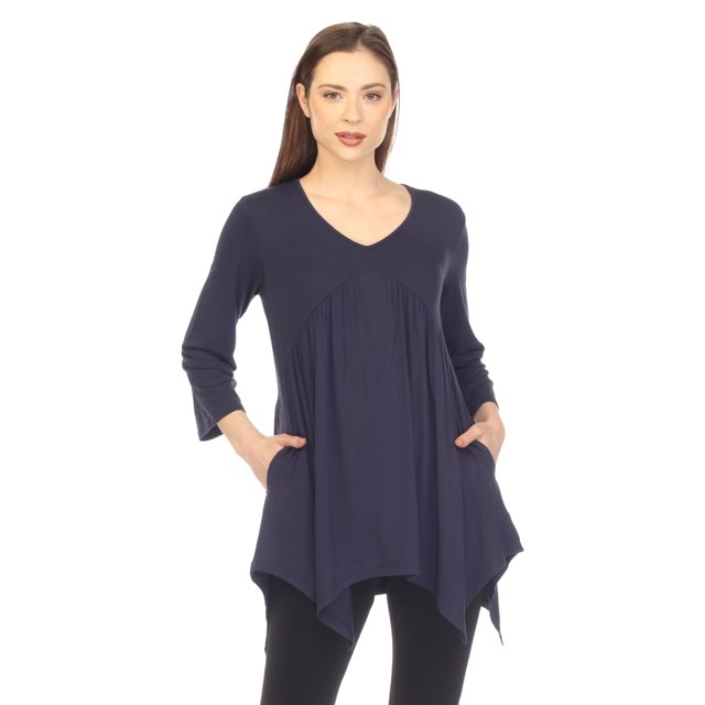 White Mark Tunique à Manches 3/4 pour Femmes, Taille Empire, Col en V