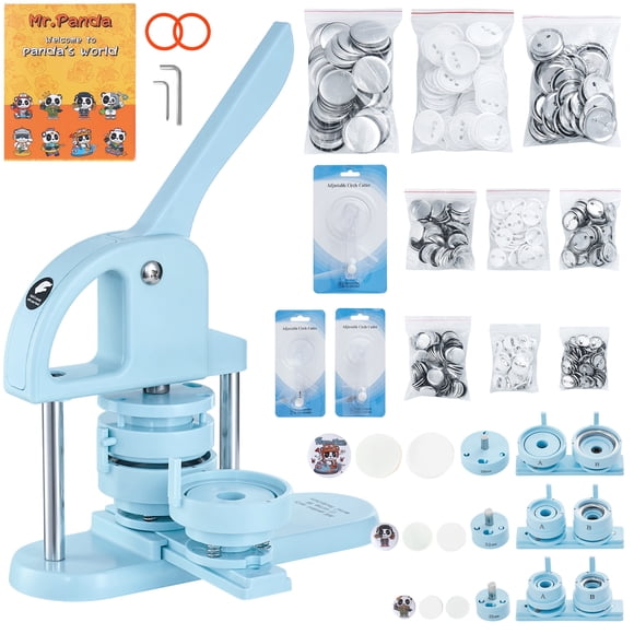 KFFKFF 3-Way Button Creator, Sizes 1/1.25/2.28 inch(25/32/58mm), Includes 300 Button Components, Button Crafting Machine with Panda Enchantment Book, Comfortable Arc Grip Punch Press Set